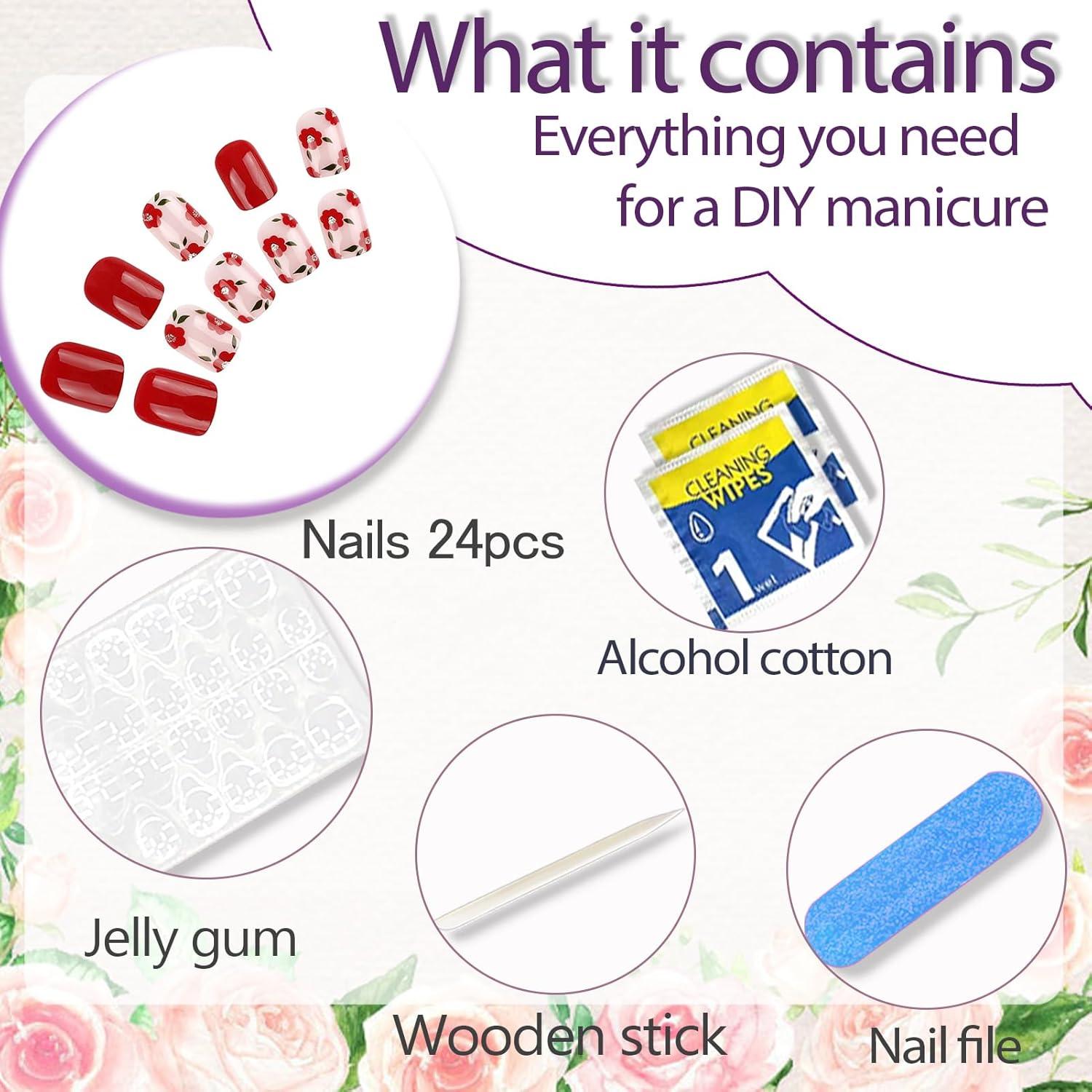 Uñas Postizas Cortas Cuadradas RUPOFUZA 24Pcs Diseño Flores Rojas