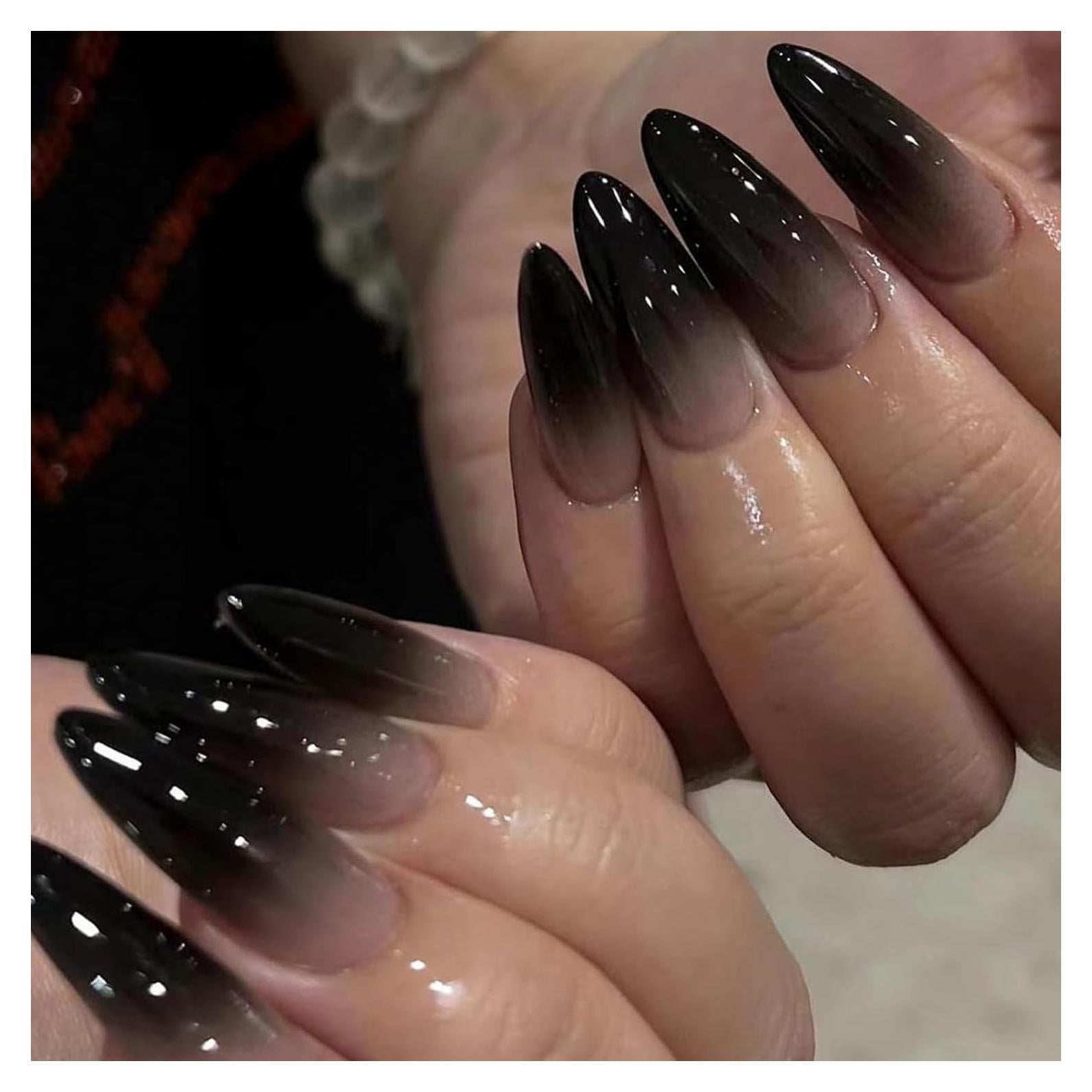 Uñas Postizas Cortas Negras FJSMTOPl 24 Pcs Almendra