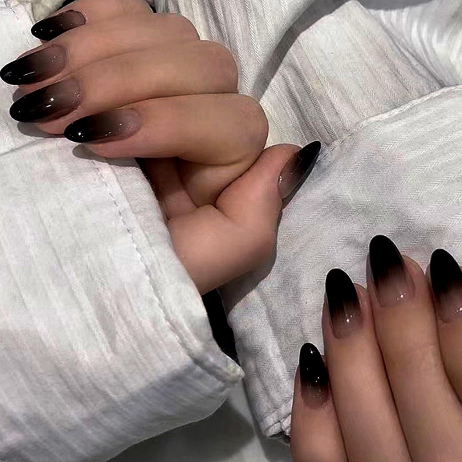 Uñas Postizas Cortas Negras FJSMTOPl 24 Pcs Almendra