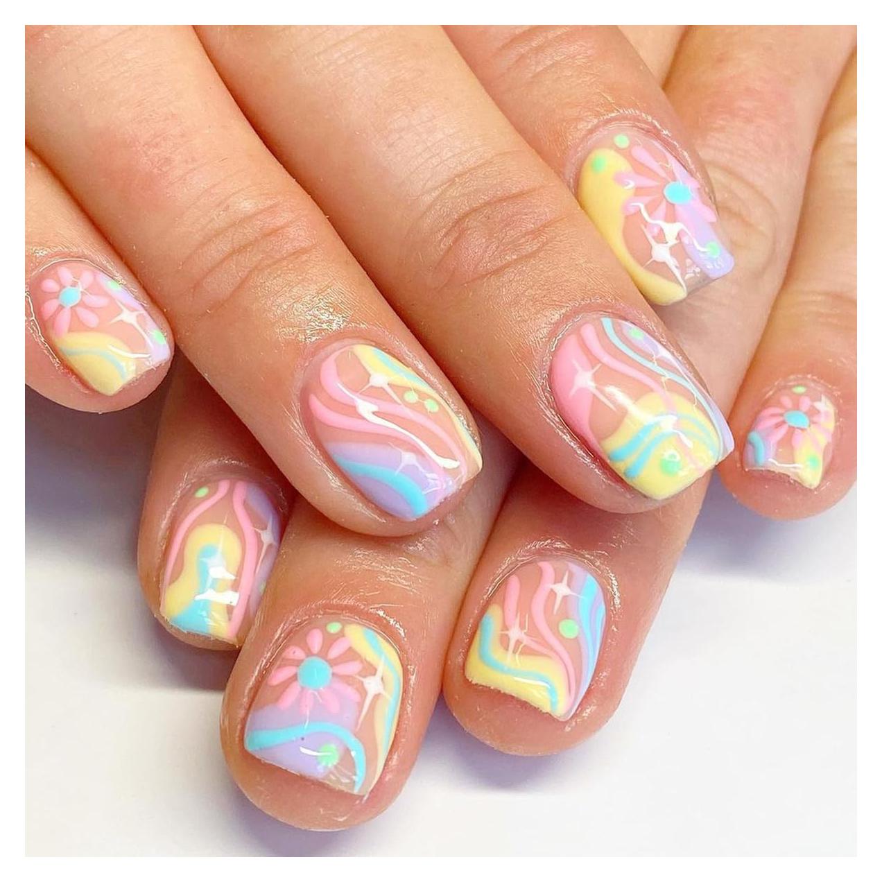 24 Pcs Nude Pink Press on Nails Short Square - YEFIUO Cute Summer Fake Nails Press ons Spring Nail Art Tip Full Cover Acrylic False Nails with Colorful Pink Flowers Design Glue on Nails Kit for Women