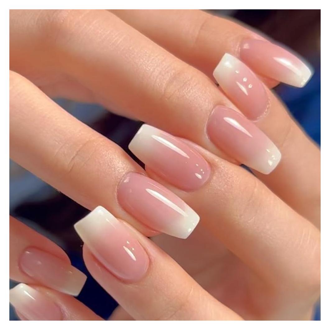 Uñas Postizas Medianas WAFOLOZE Ombre Rosa Blanco 24 Pcs