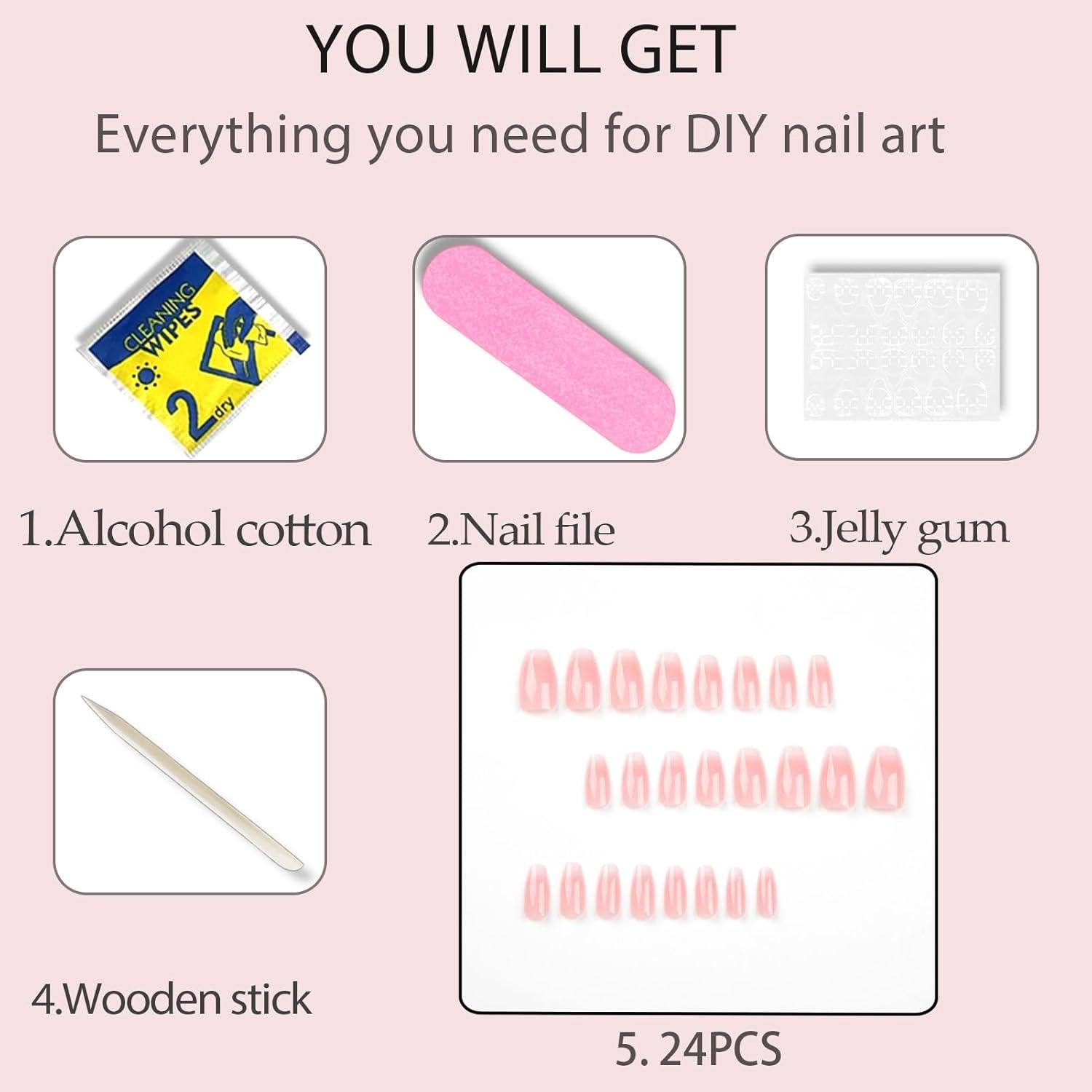 Uñas Postizas Medianas WAFOLOZE Ombre Rosa Blanco 24 Pcs