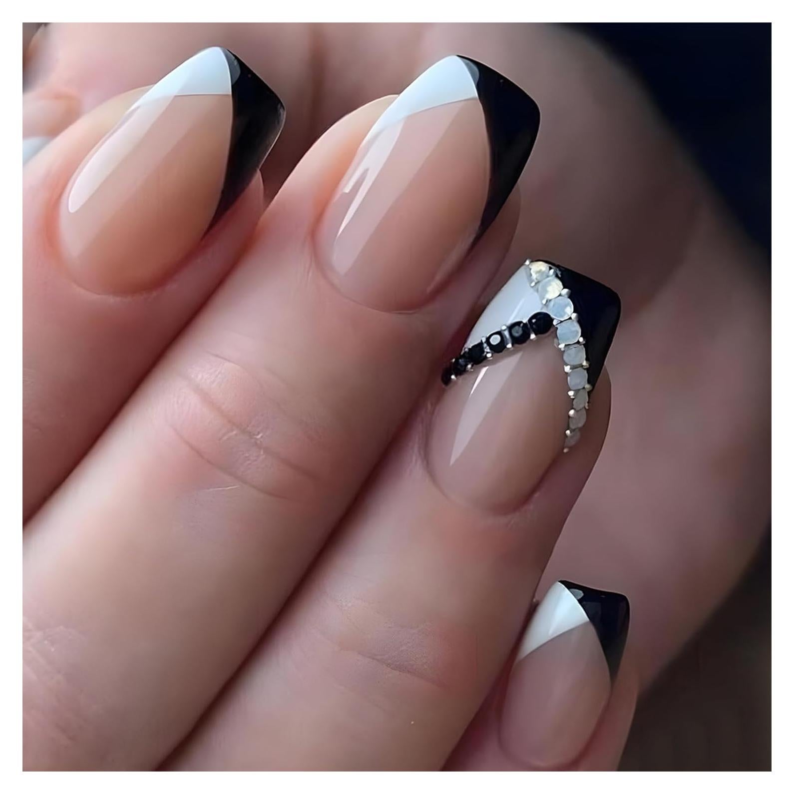 Uñas Postizas Francesas Negras y Blancas Puyokinm 24 Piezas