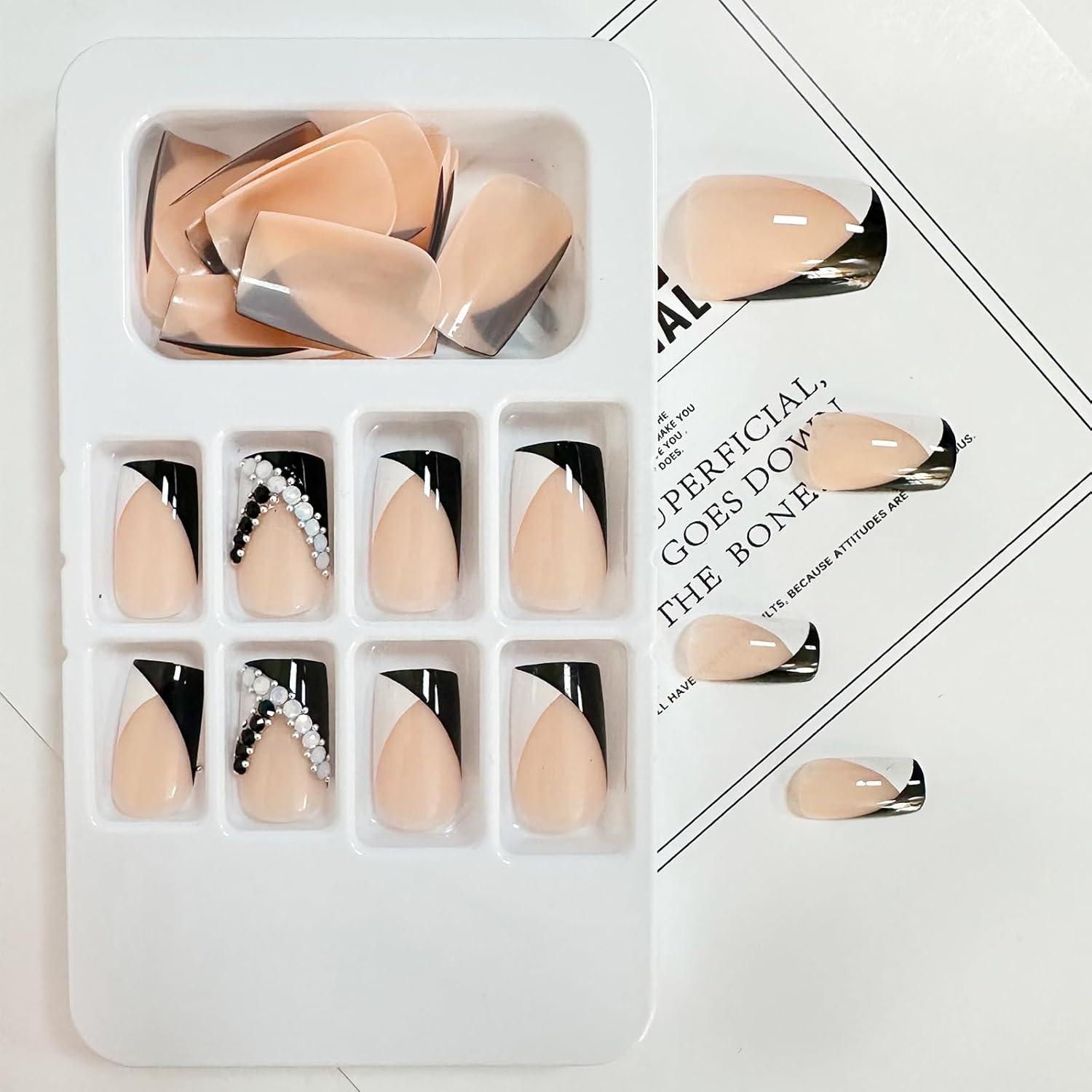 Uñas Postizas Francesas Negras y Blancas Puyokinm 24 Piezas