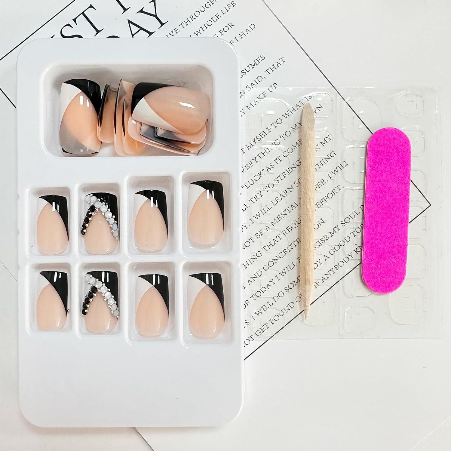 Uñas Postizas Francesas Negras y Blancas Puyokinm 24 Piezas