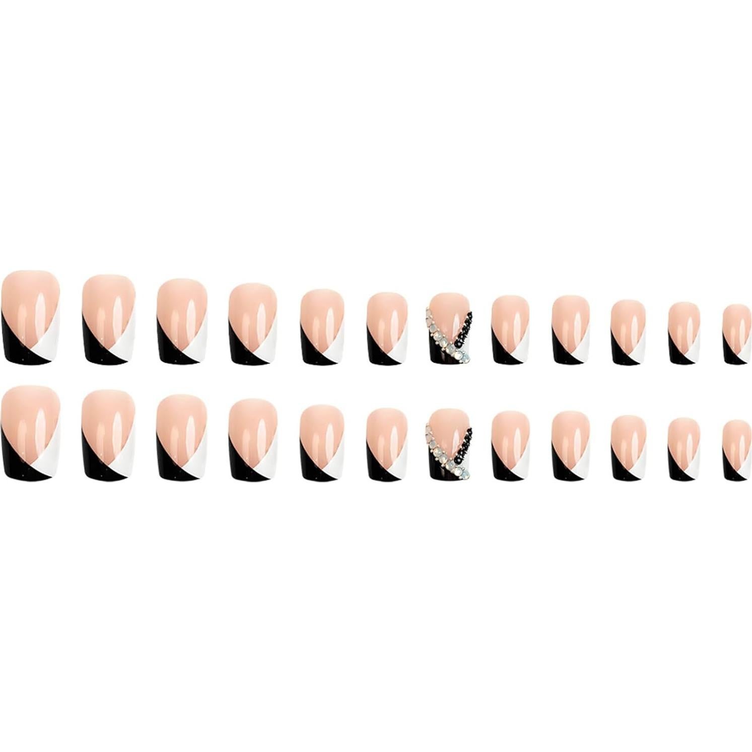 Uñas Postizas Francesas Negras y Blancas Puyokinm 24 Piezas