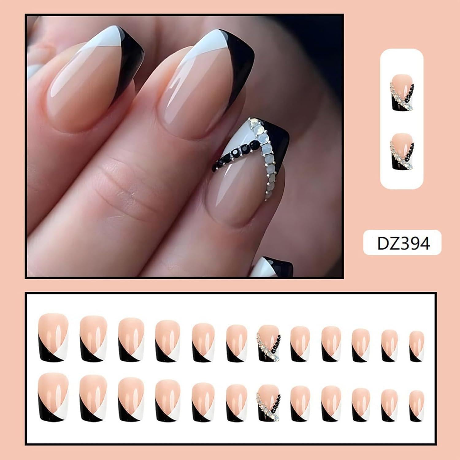 Uñas Postizas Francesas Negras y Blancas Puyokinm 24 Piezas