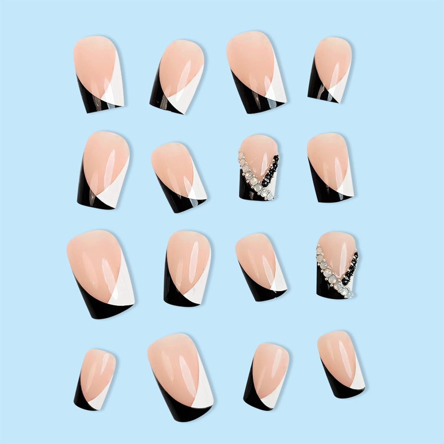 Uñas Postizas Francesas Negras y Blancas Puyokinm 24 Piezas