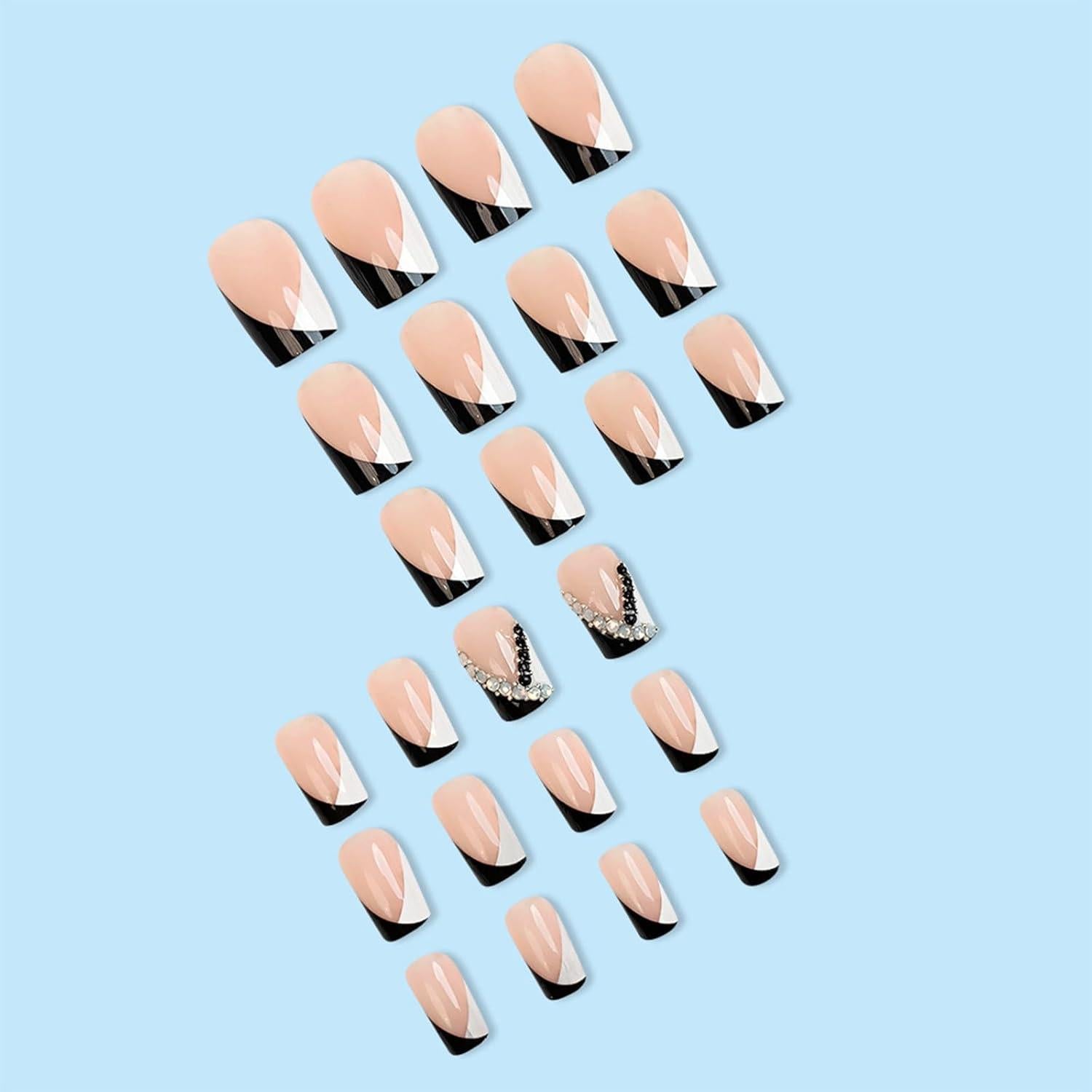 Uñas Postizas Francesas Negras y Blancas Puyokinm 24 Piezas