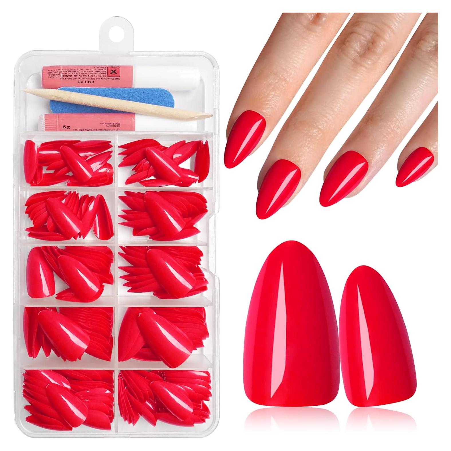 Kit Uñas Postizas Almendra Rojas AddFavor 240pcs Medianas