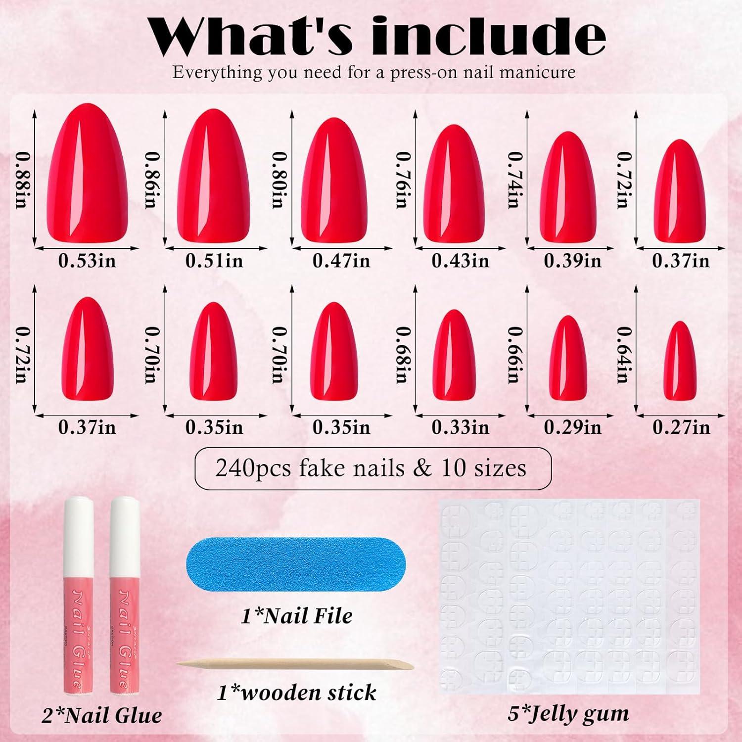 Kit Uñas Postizas Almendra Rojas AddFavor 240pcs Medianas