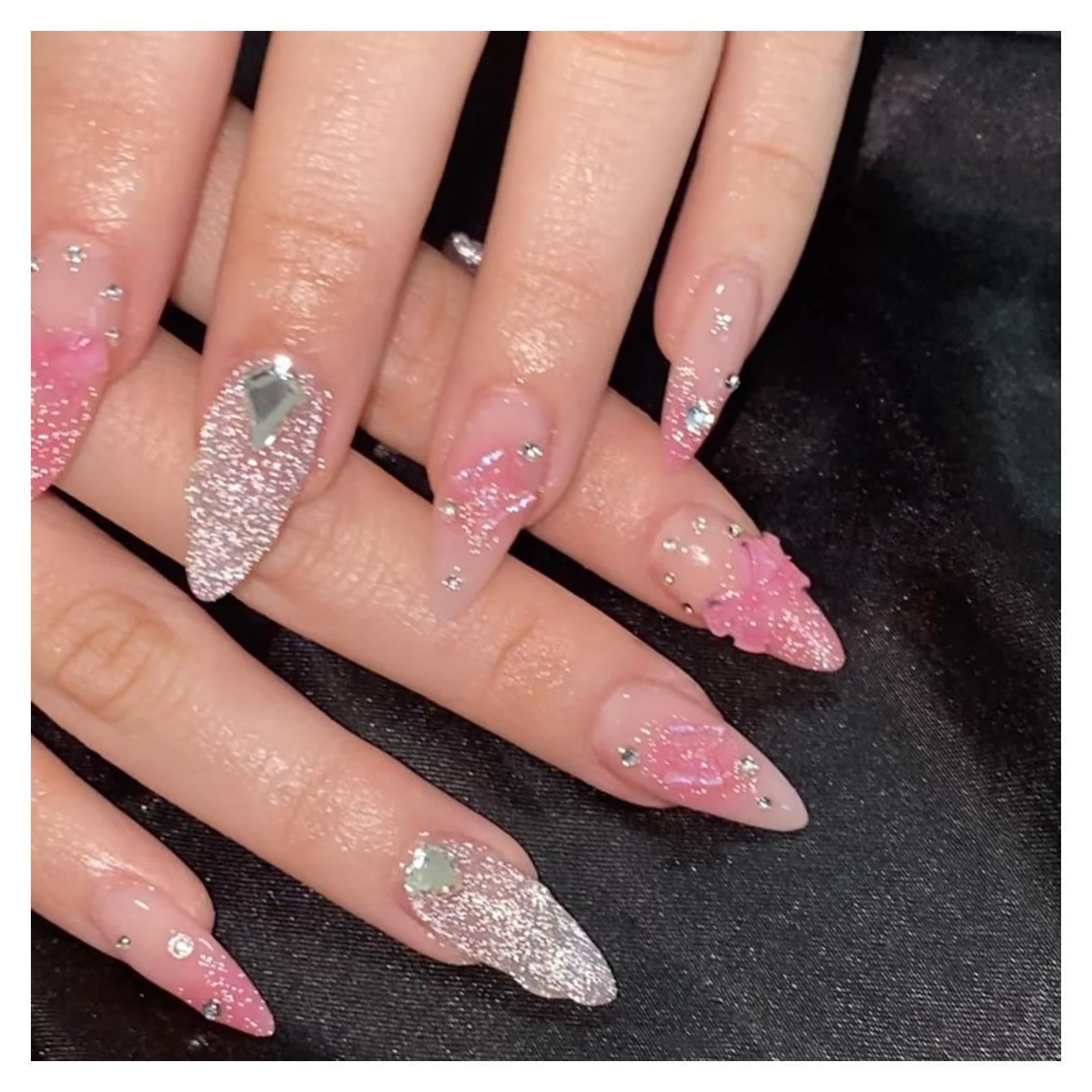 24 Uñas Postizas Almendra RIICFDD Brillo Rosa Completo