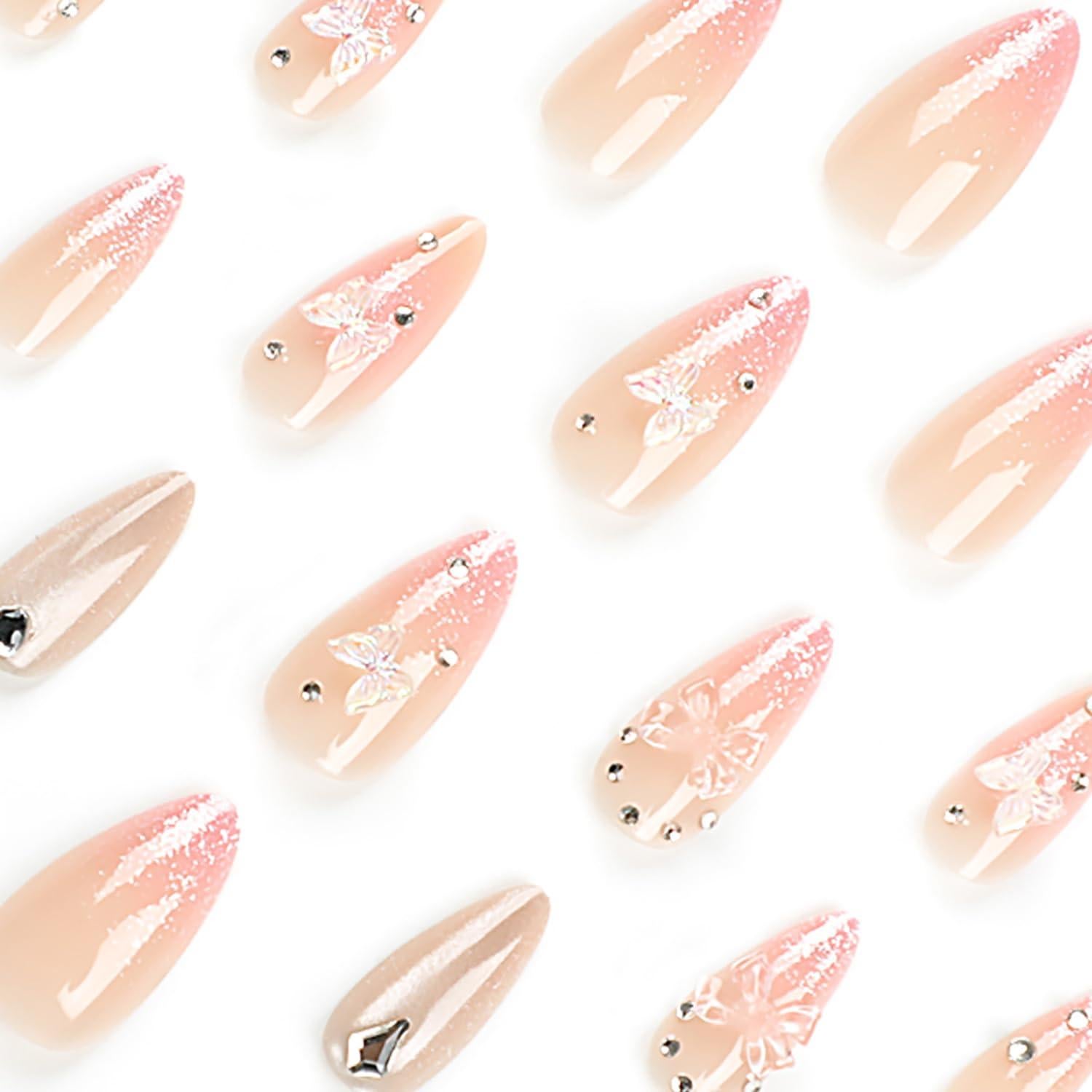 24 Uñas Postizas Almendra RIICFDD Brillo Rosa Completo