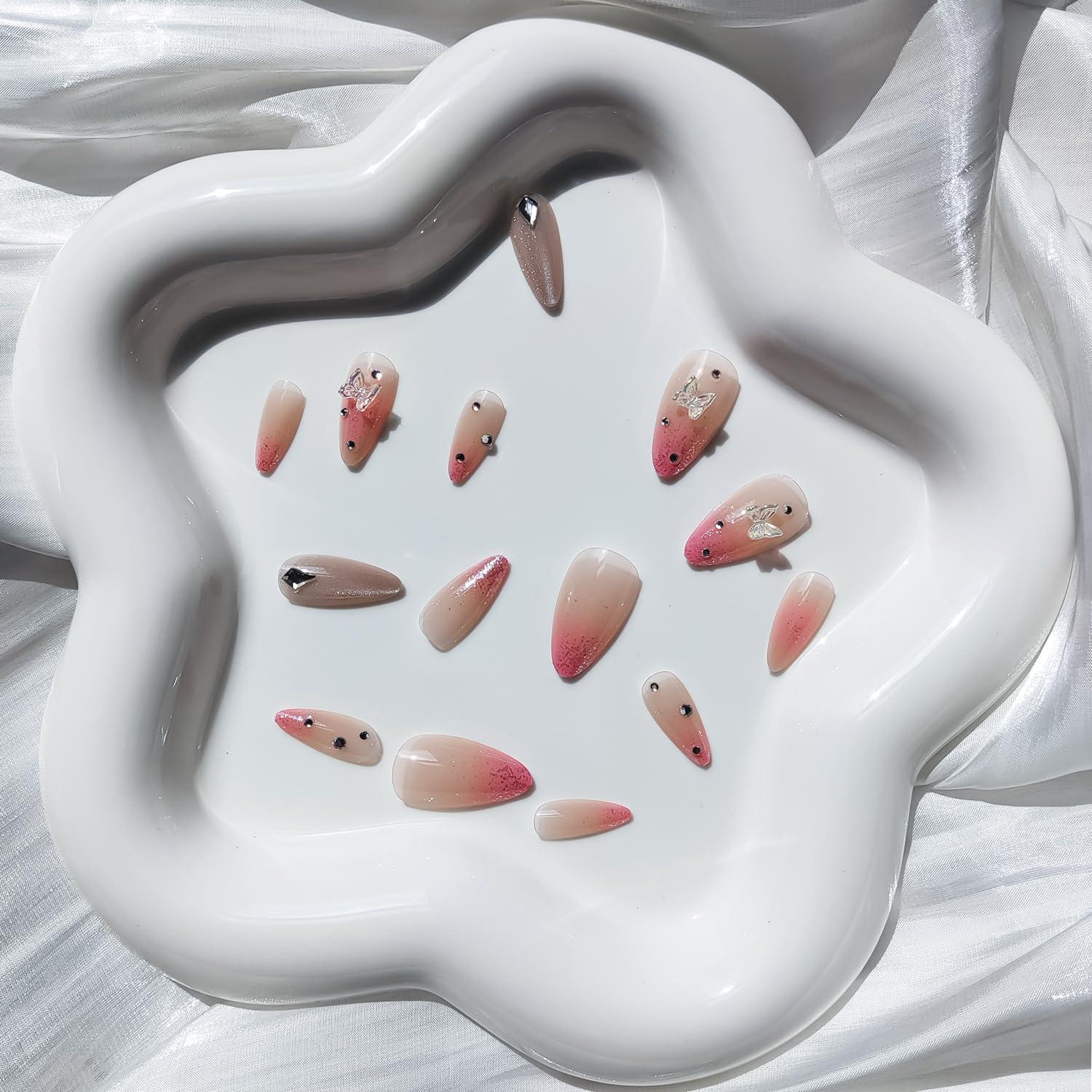 24 Uñas Postizas Almendra RIICFDD Brillo Rosa Completo