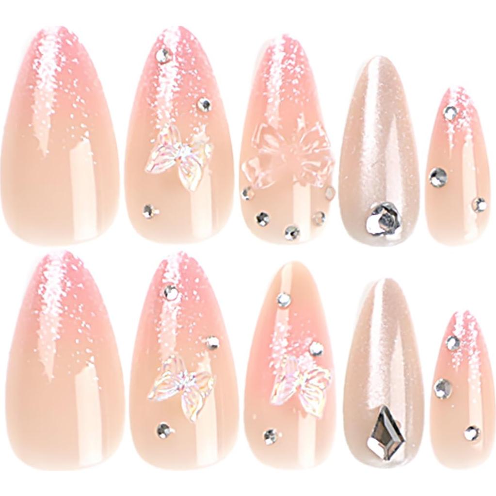 24 Uñas Postizas Almendra RIICFDD Brillo Rosa Completo