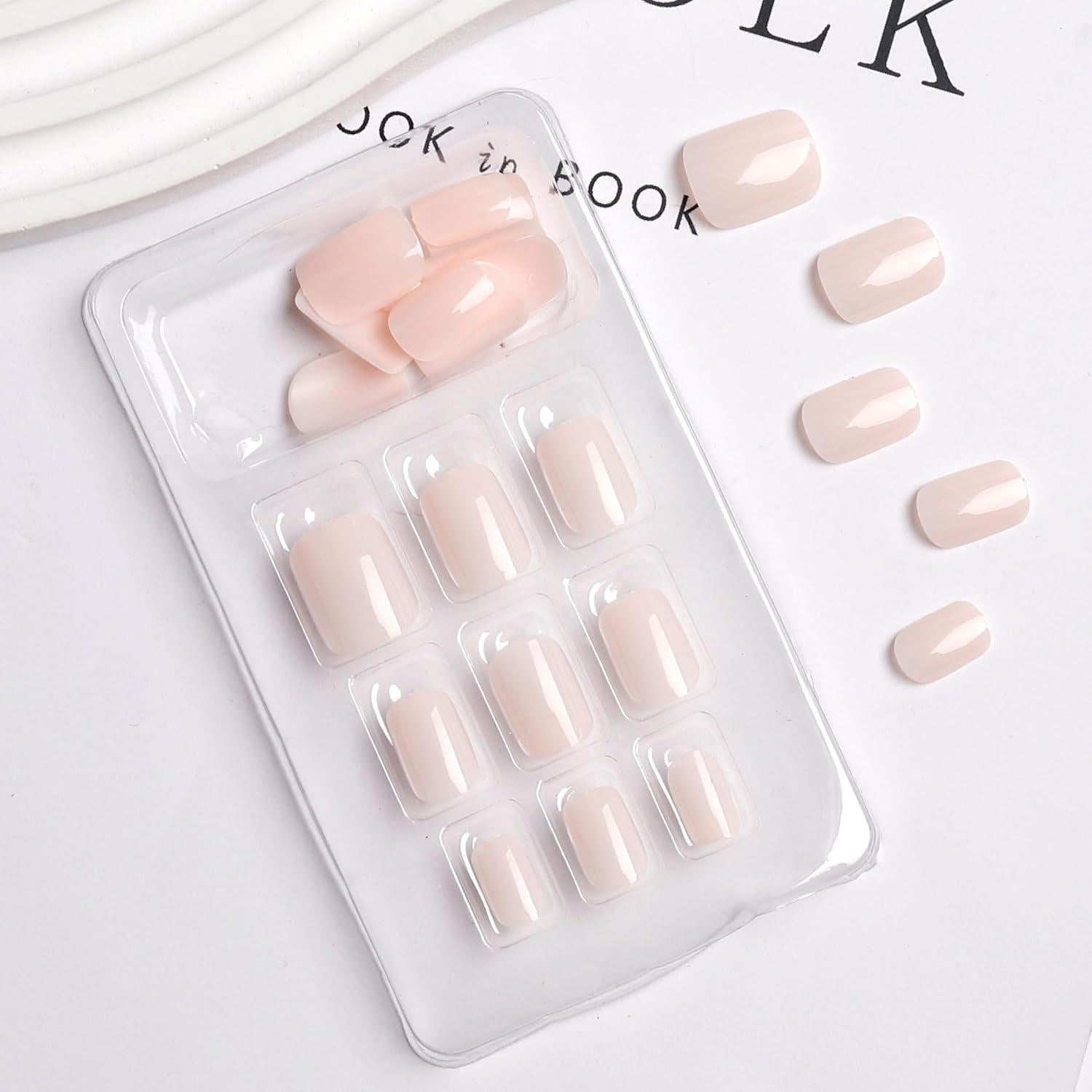 Uñas Postizas Cortas Cuadradas BFY 24 Pcs Gel Rosa-Blanco