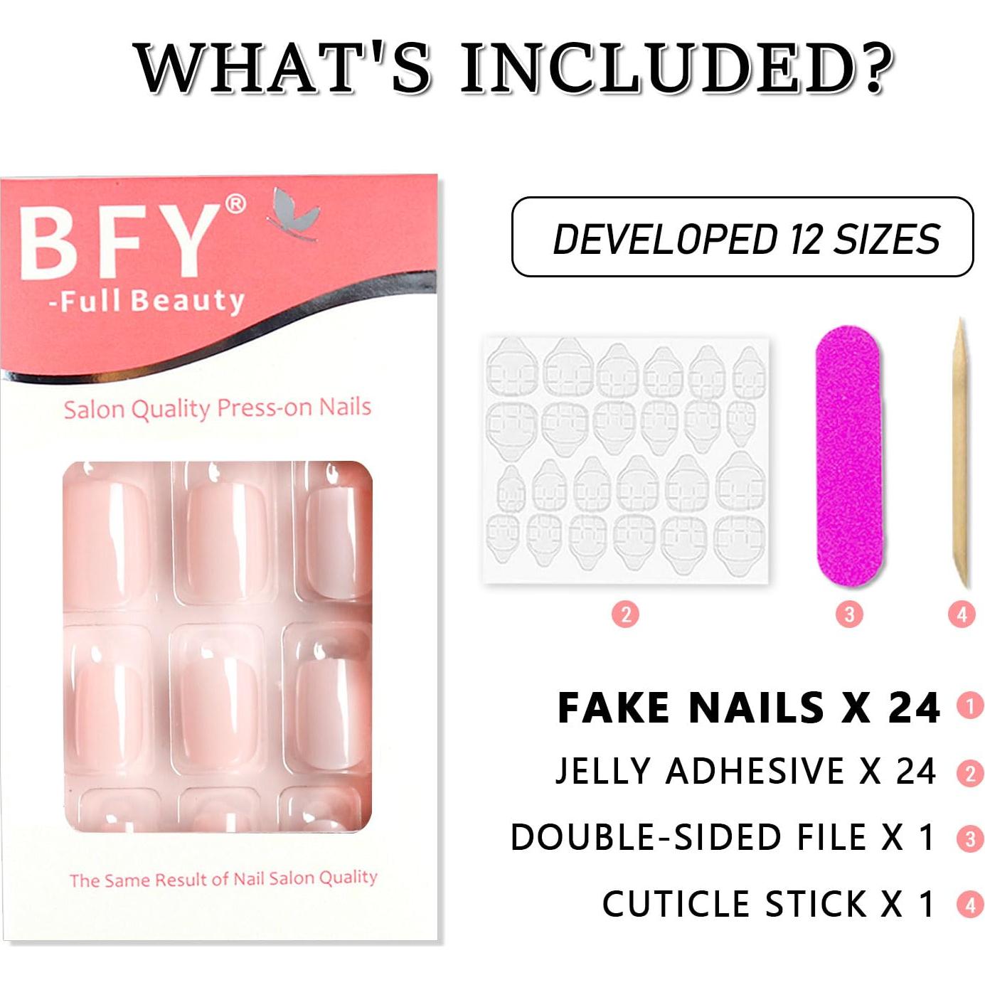 Uñas Postizas Cortas Cuadradas BFY 24 Pcs Gel Rosa-Blanco