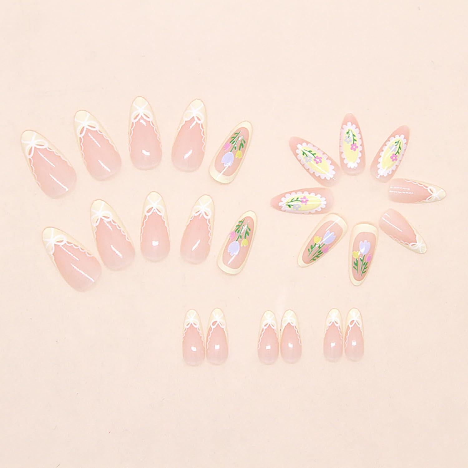 Uñas Postizas KSTBJN Almendra Francesa con Flores 24 Piezas