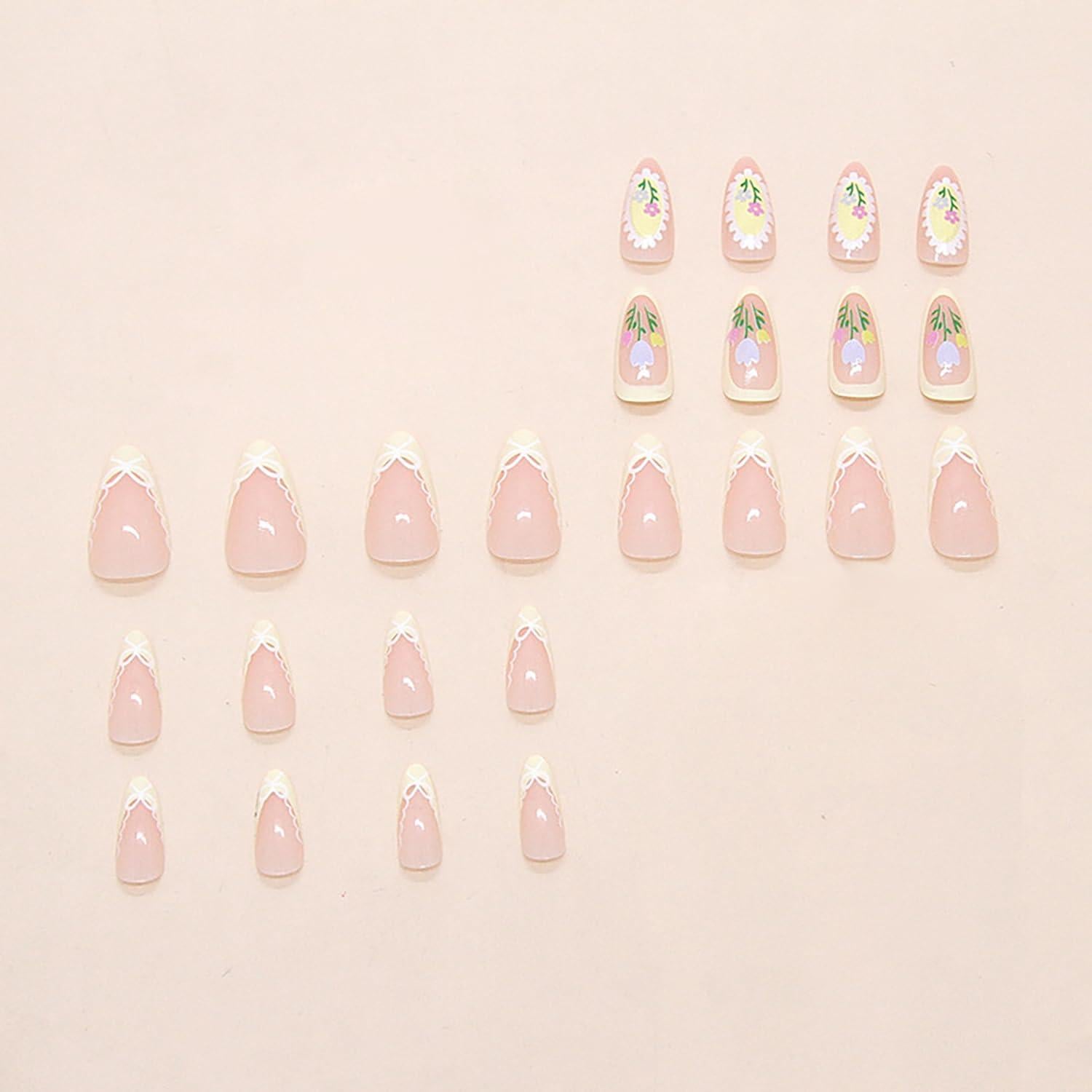 Uñas Postizas KSTBJN Almendra Francesa con Flores 24 Piezas