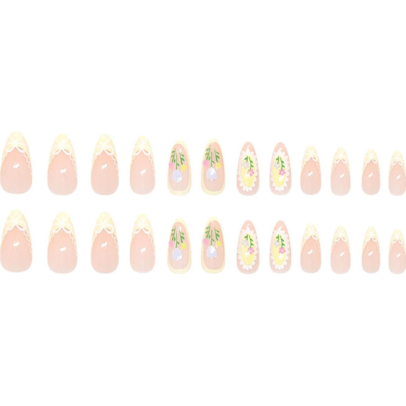 Uñas Postizas KSTBJN Almendra Francesa con Flores 24 Piezas