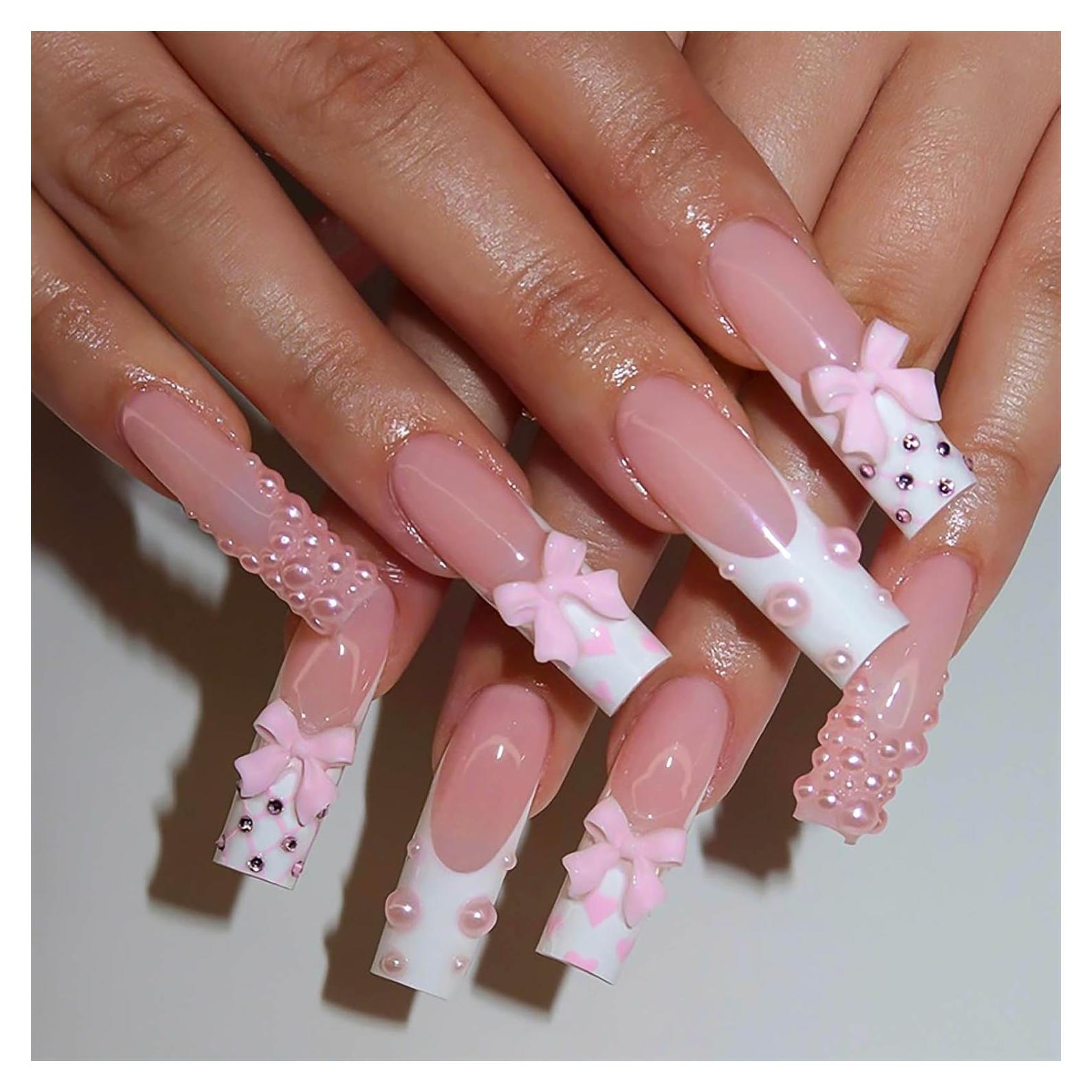 Uñas Postizas Largas RUOKEXIN 24Pcs Brillantes Punta Francesa