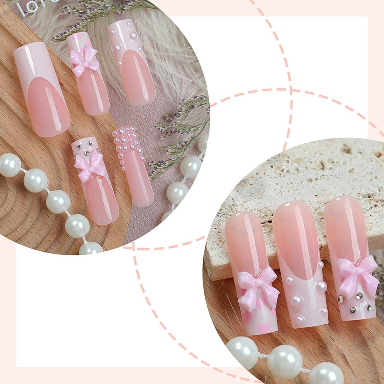 Uñas Postizas Largas RUOKEXIN 24Pcs Brillantes Punta Francesa