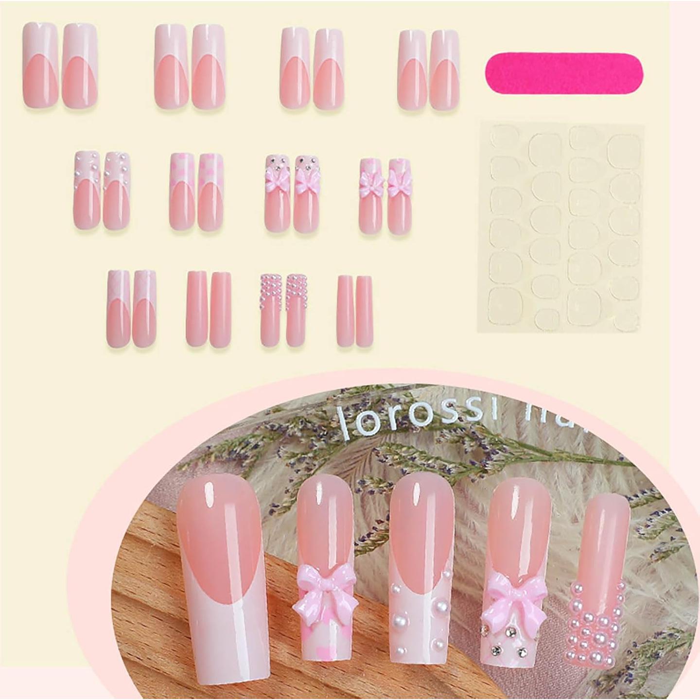 Uñas Postizas Largas RUOKEXIN 24Pcs Brillantes Punta Francesa