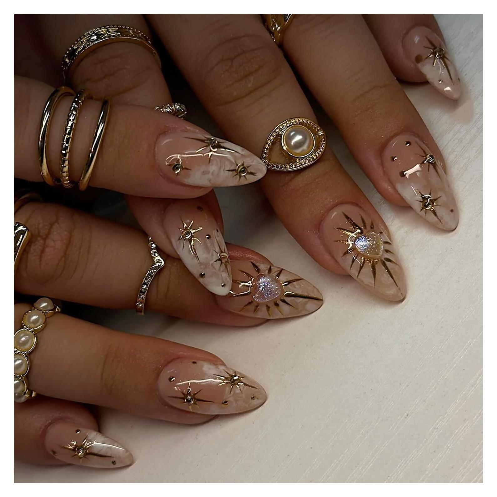 24 Uñas Postizas Almendra KSTBJN Acrílicas Brillantes