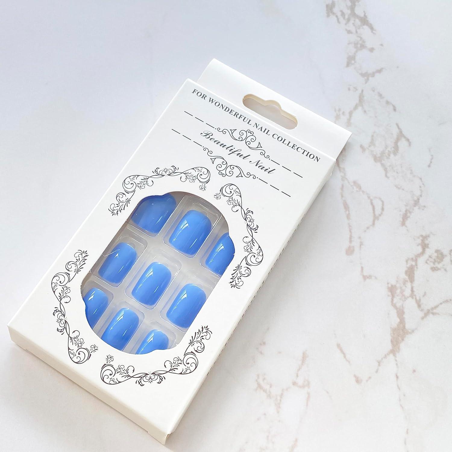 Uñas Postizas Cortas Azules Gritose - 24 Uñas Reutilizables