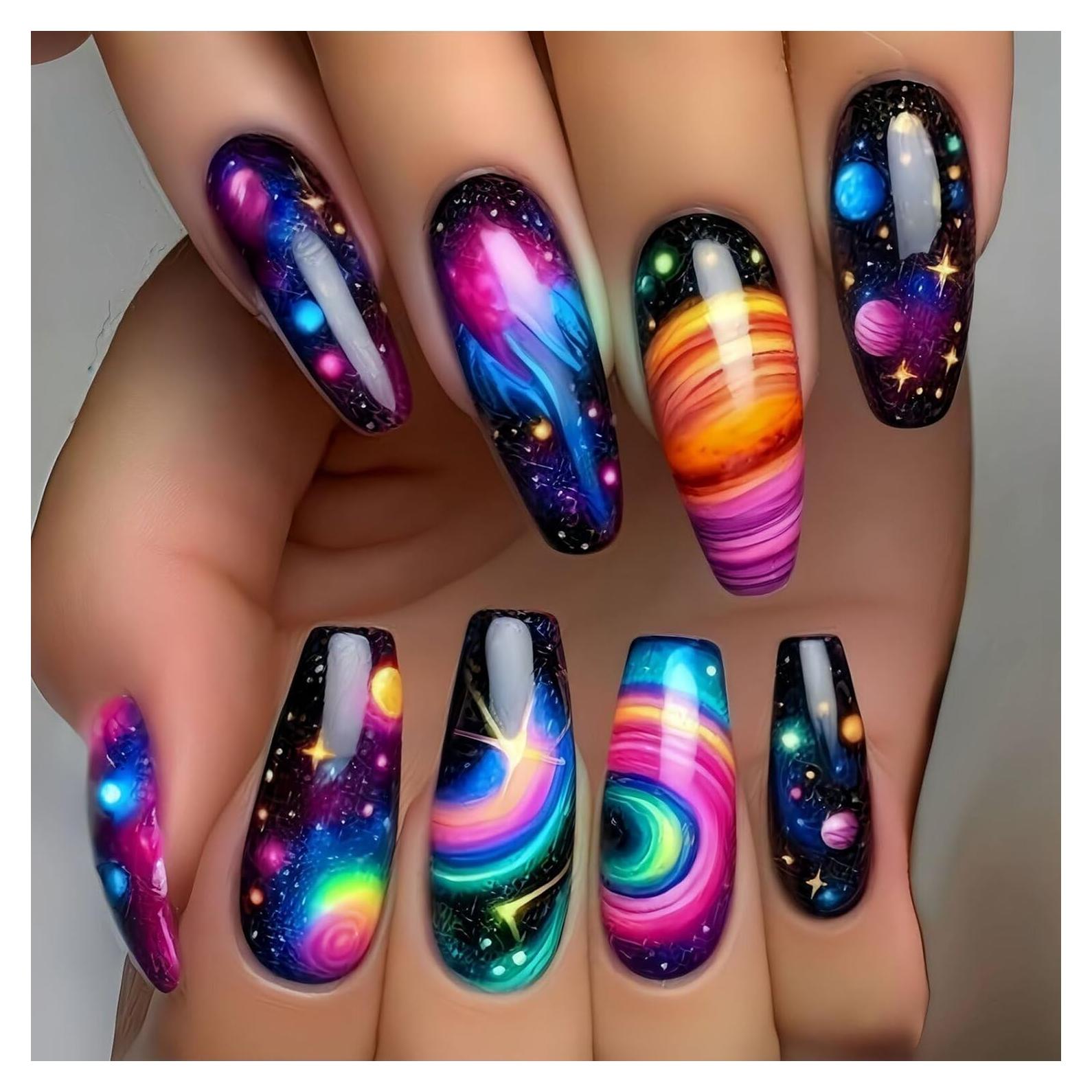 Uñas Postizas Negras Cuadradas Artísticas MIXFOSAHN 24 Pcs