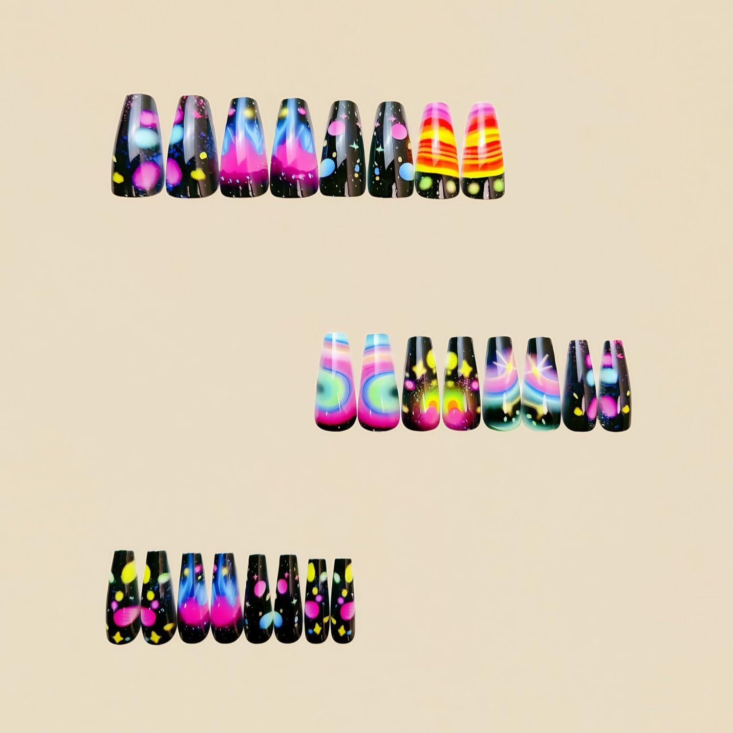 Uñas Postizas Negras Cuadradas Artísticas MIXFOSAHN 24 Pcs