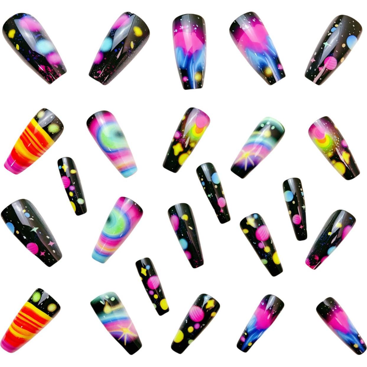 Uñas Postizas Negras Cuadradas Artísticas MIXFOSAHN 24 Pcs