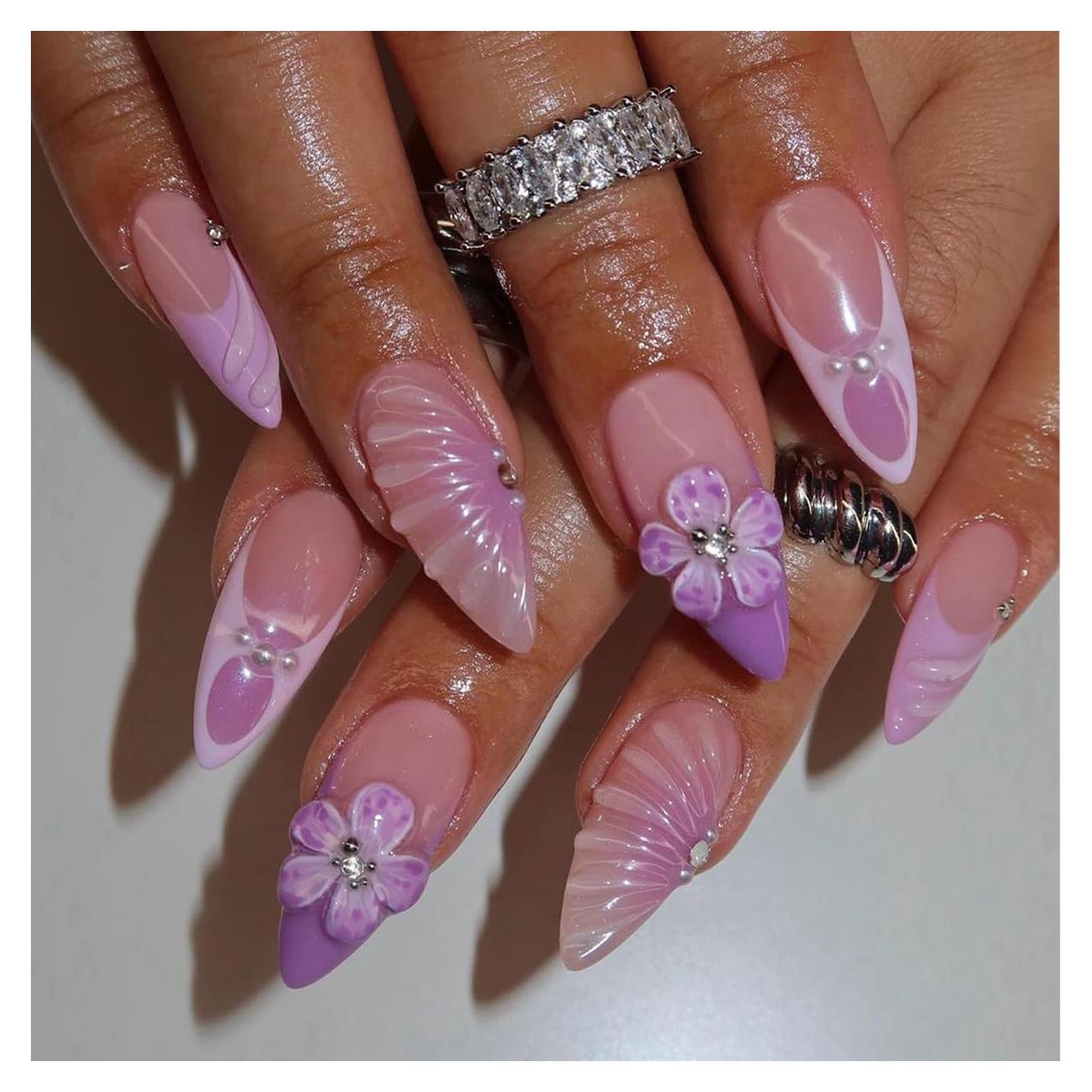 Uñas Postizas 3D Flores Moradas XMMXNBJ 24 Pcs