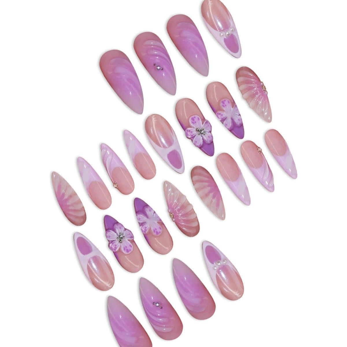 Uñas Postizas 3D Flores Moradas XMMXNBJ 24 Pcs