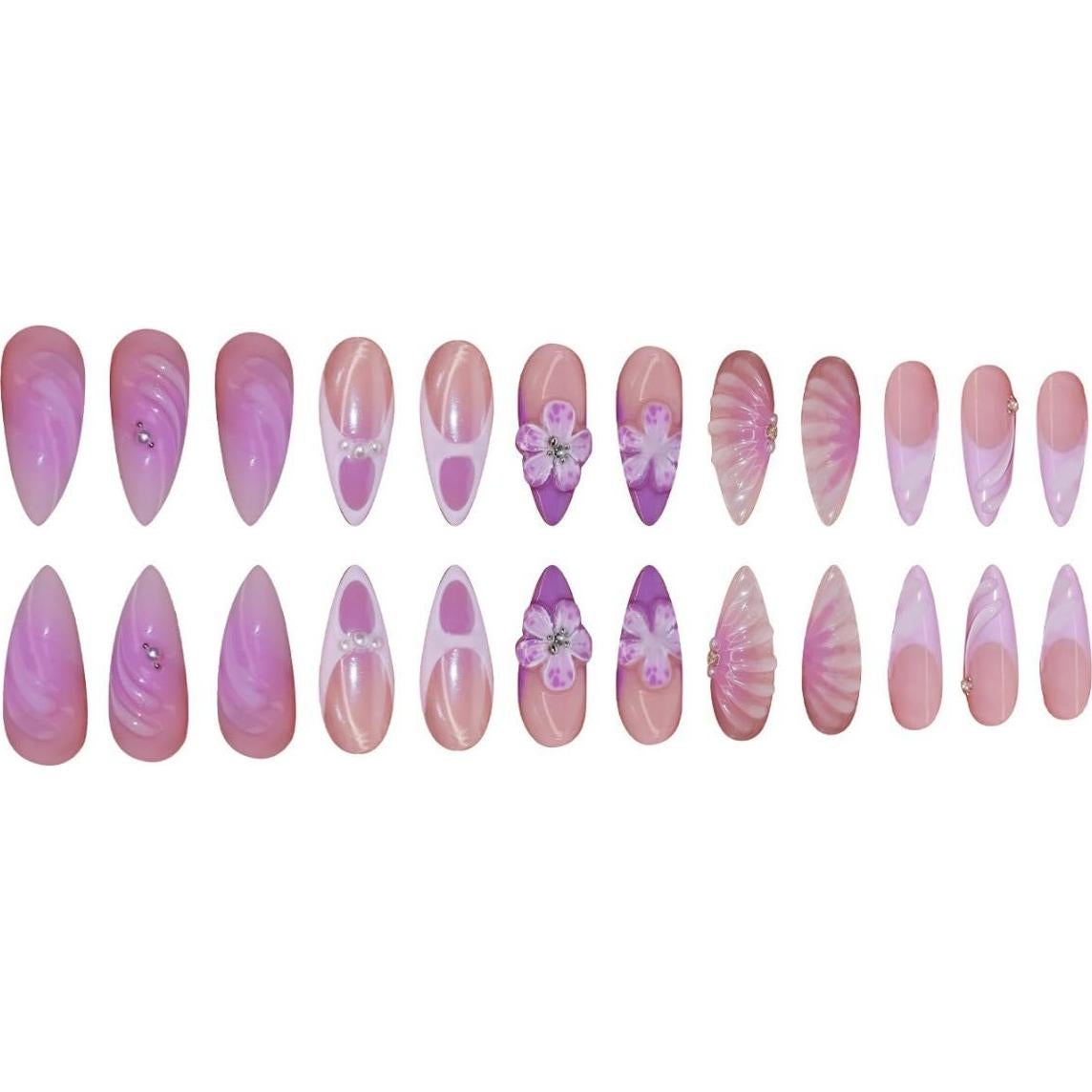 Uñas Postizas 3D Flores Moradas XMMXNBJ 24 Pcs