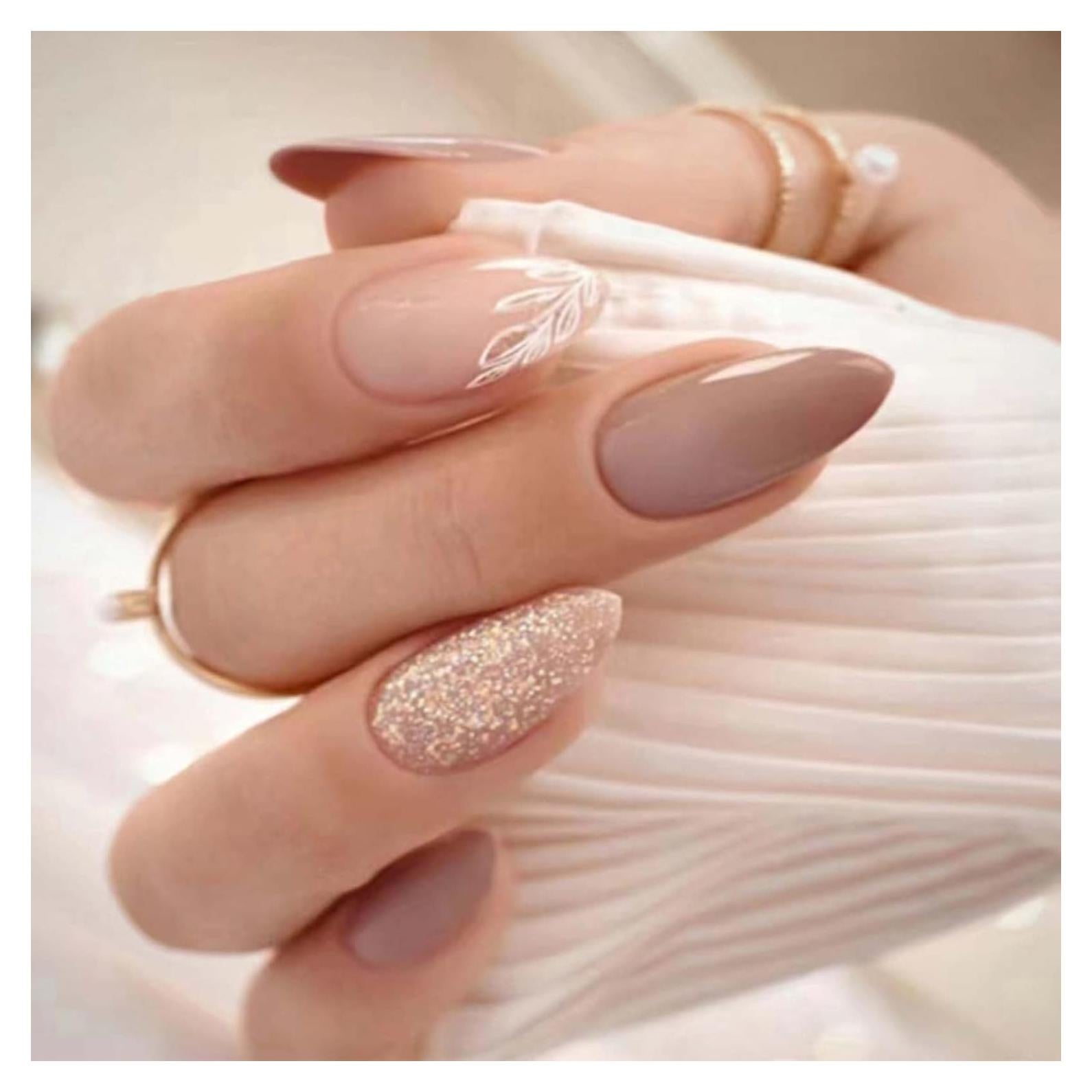 Uñas Postizas Cortas Almendra Nude Francesas 24PCS - Alta Calidad