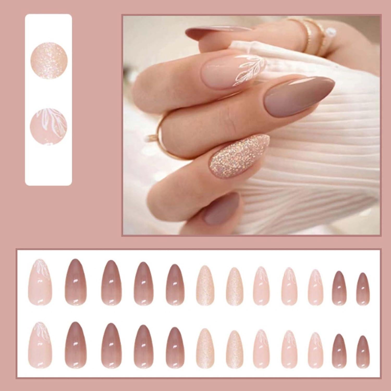 Uñas Postizas Cortas Almendra Nude Francesas 24PCS - Alta Calidad