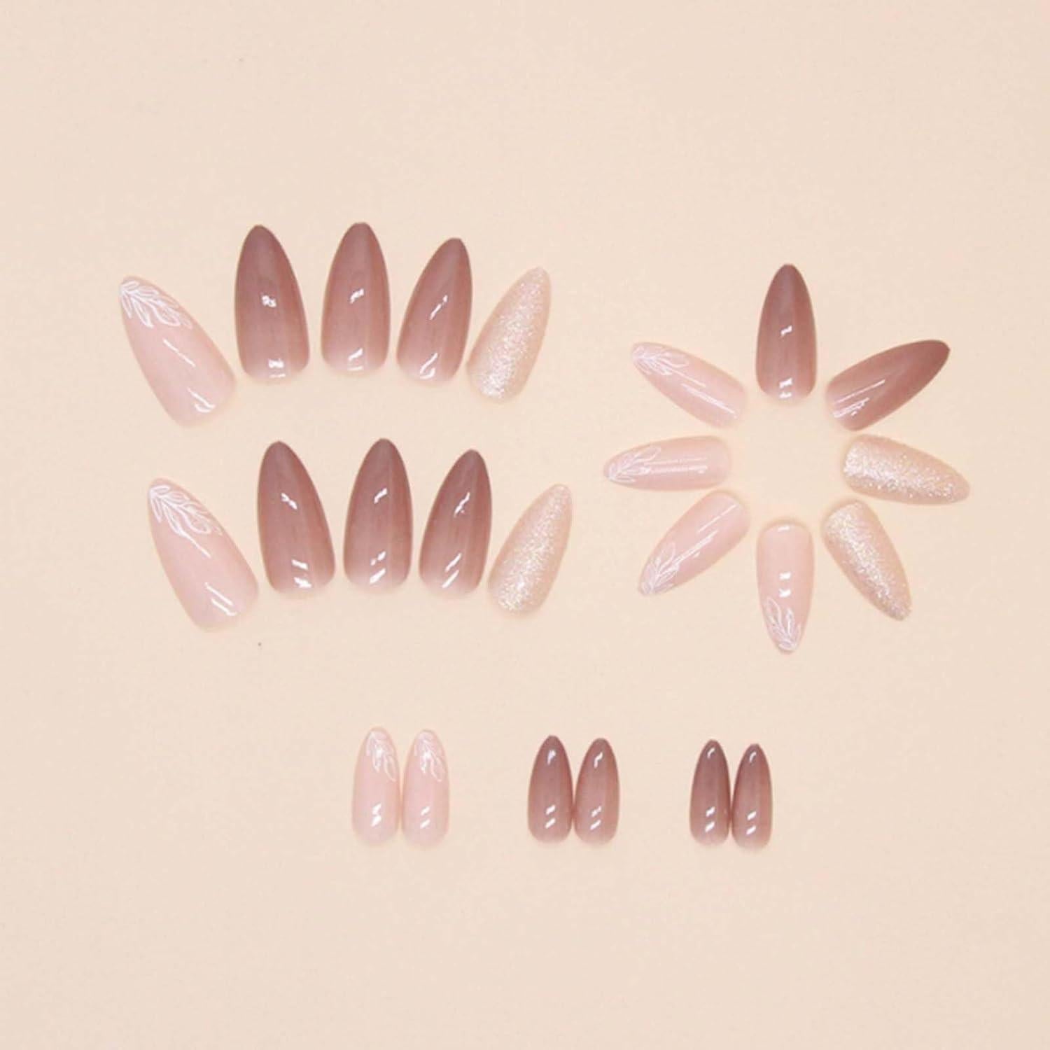 Uñas Postizas Cortas Almendra Nude Francesas 24PCS - Alta Calidad