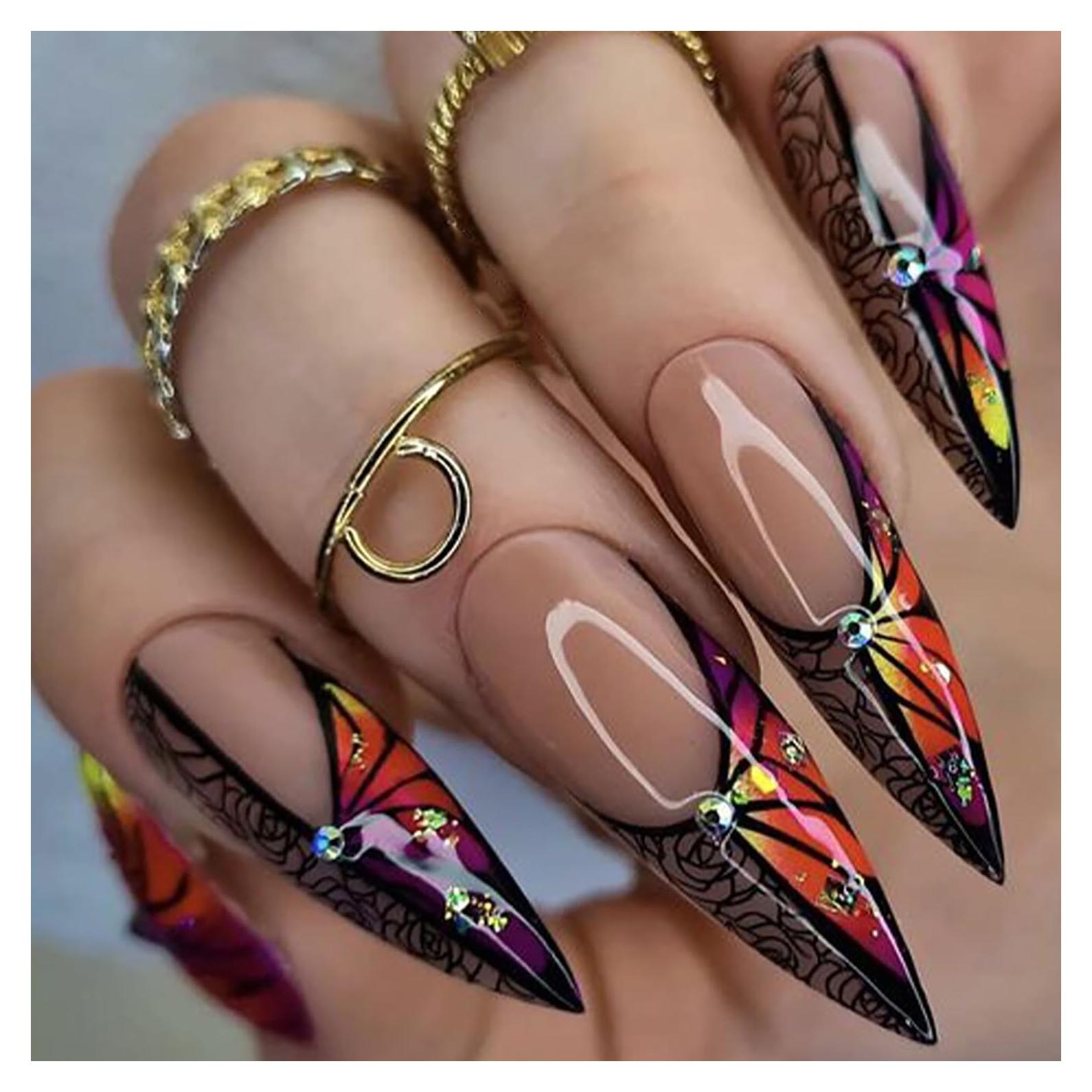 Uñas Postizas Francesas TBRZTR 24 Piezas Diseño Flor y Mariposa