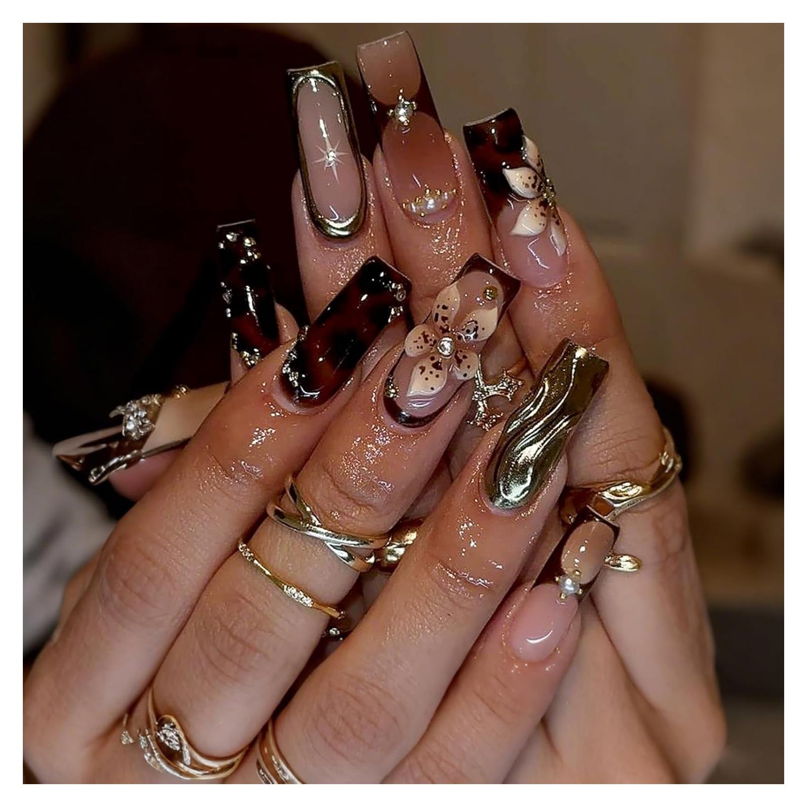 Uñas Postizas Seeneey Largas Punta Francesa 24pcs Diseño Flores