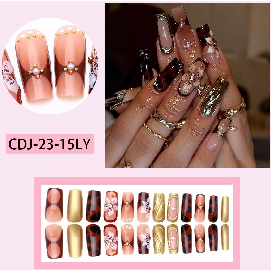 Uñas Postizas Seeneey Largas Punta Francesa 24pcs Diseño Flores