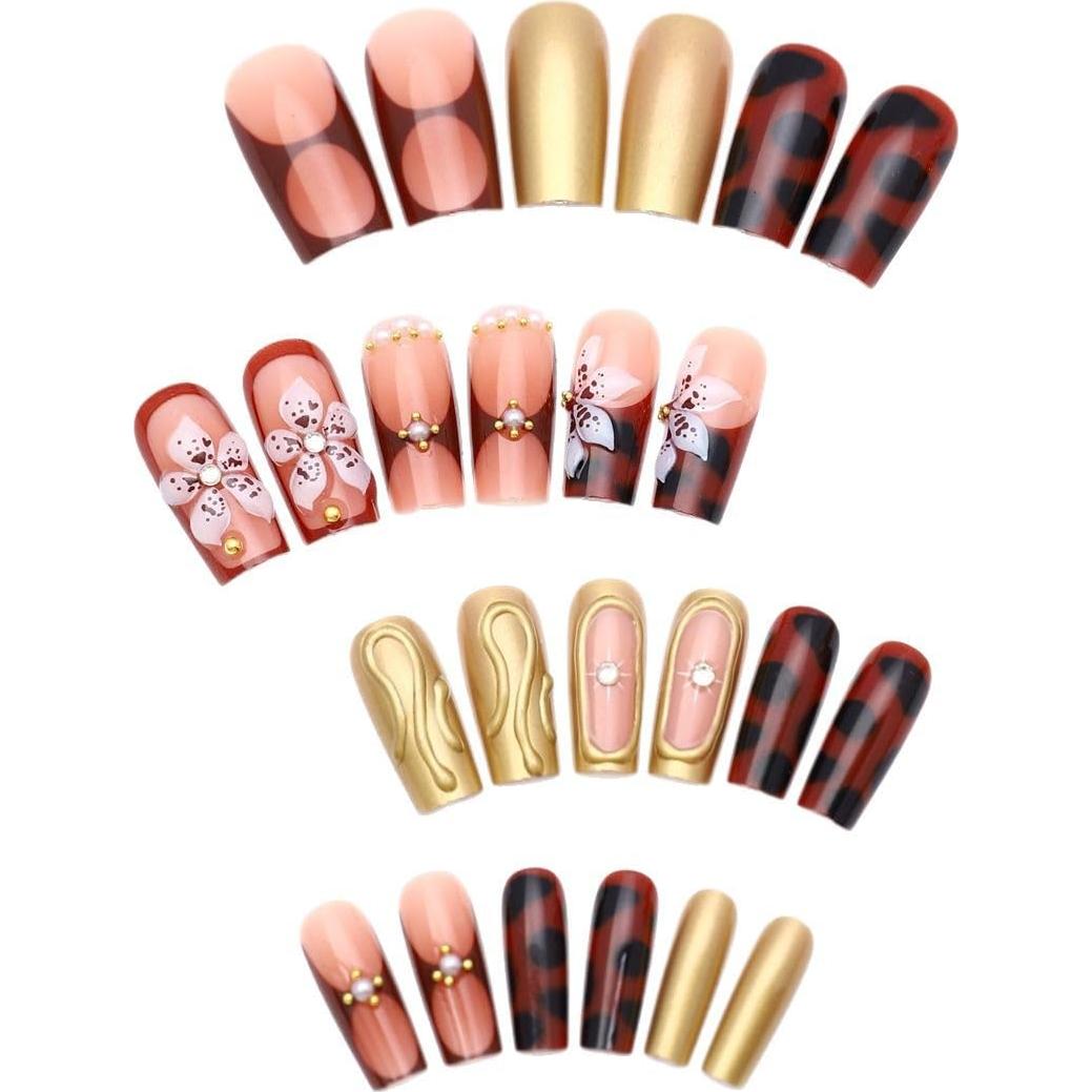 Uñas Postizas Seeneey Largas Punta Francesa 24pcs Diseño Flores