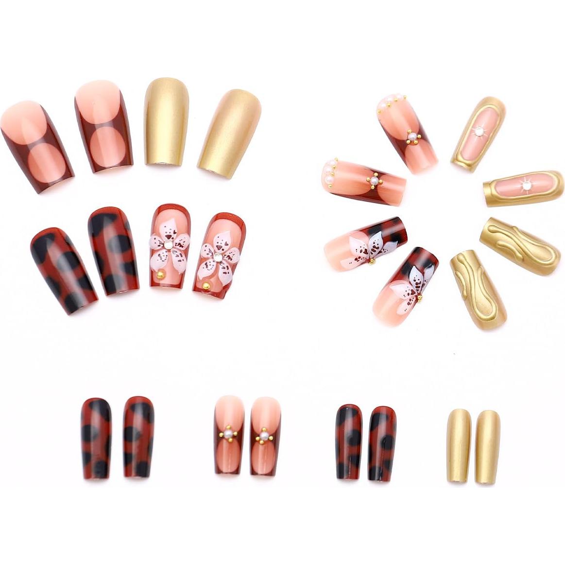 Uñas Postizas Seeneey Largas Punta Francesa 24pcs Diseño Flores