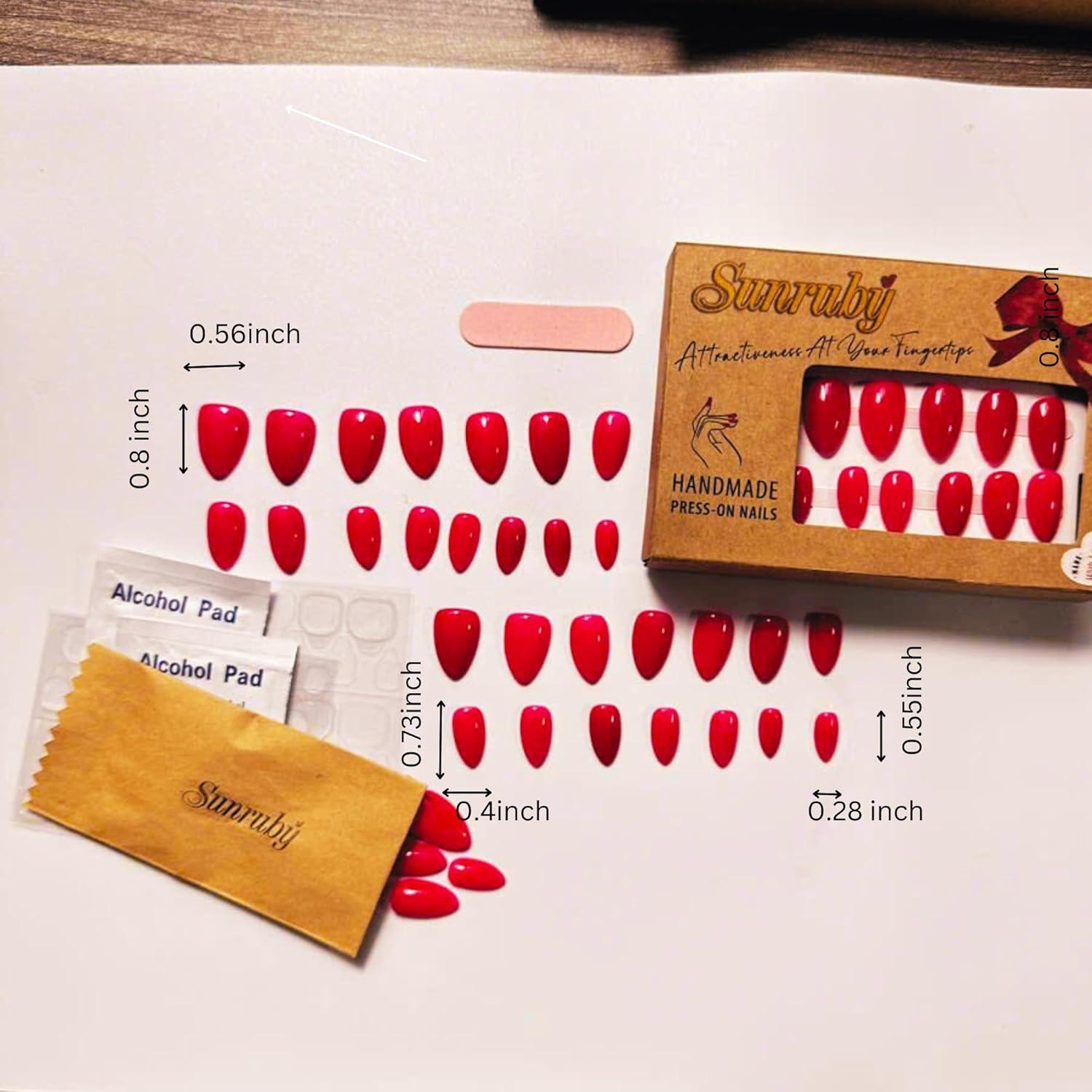 Uñas Postizas Hechas a Mano SUNRUBY 30 Piezas Rojas Neón