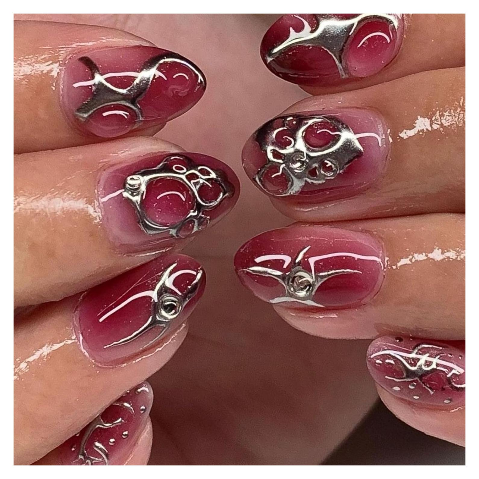 Uñas Postizas 3D QQPPOLIU Almendras Cortas Geométrico 1110