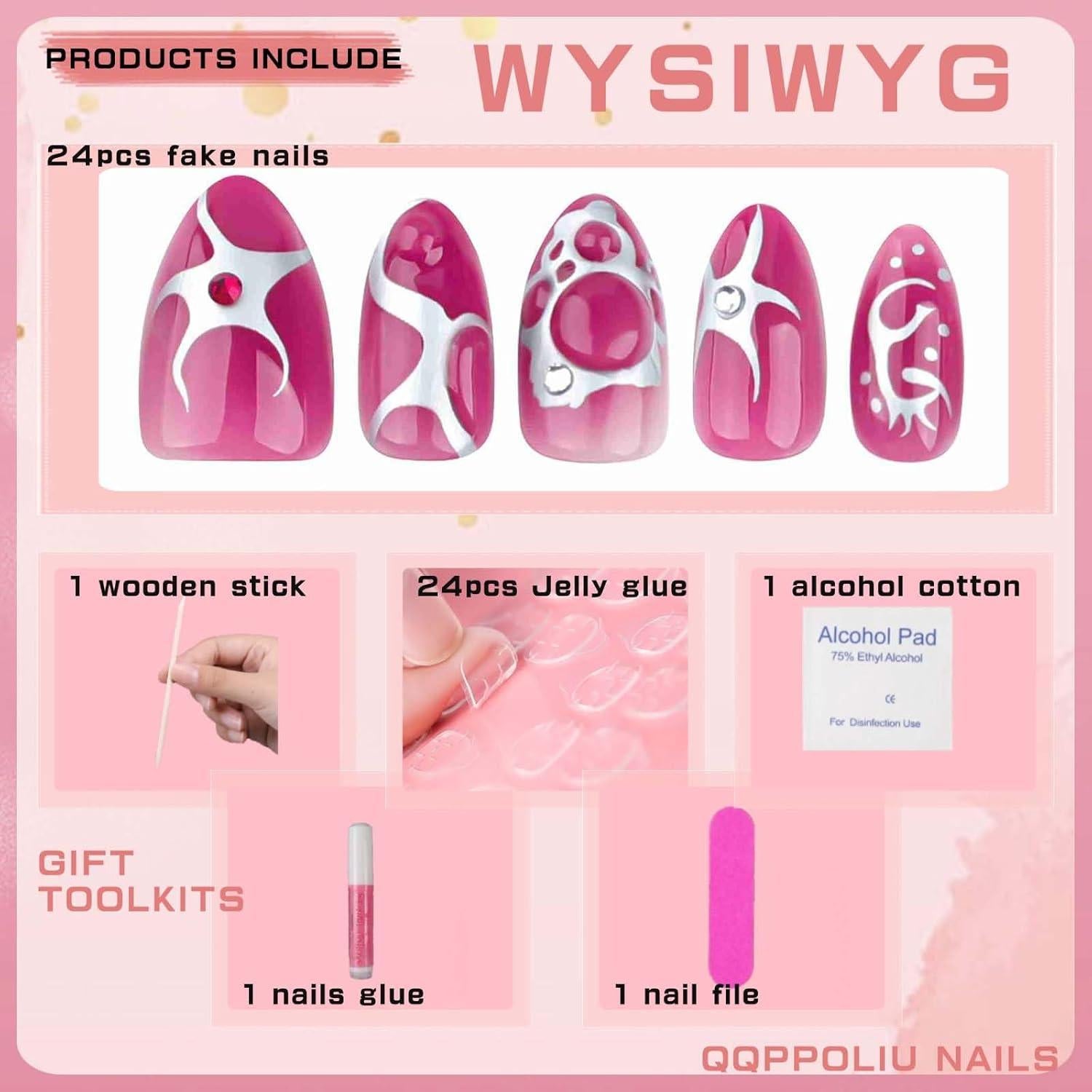 Uñas Postizas 3D QQPPOLIU Almendras Cortas Geométrico 1110