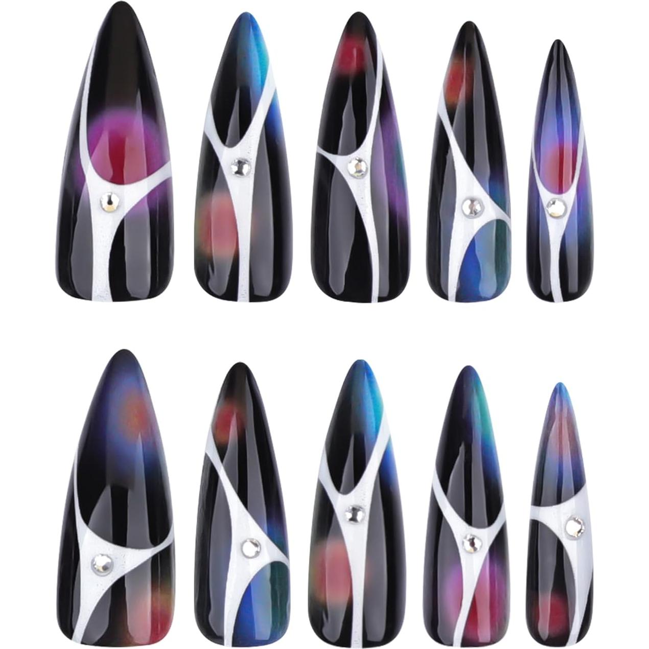 Uñas Postizas Negras Largas Estileto con Rhinestone 24 Piezas