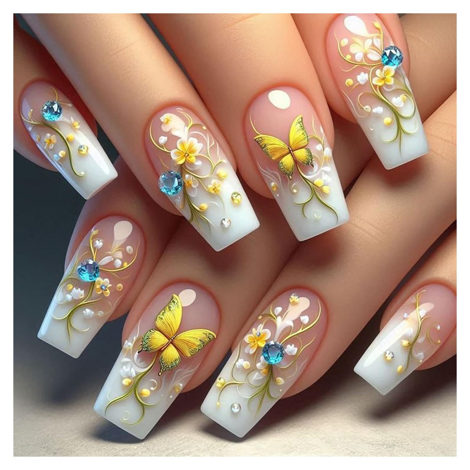 Uñas Postizas Brillantes KSTBJN Medianas Cuadradas 24 Piezas