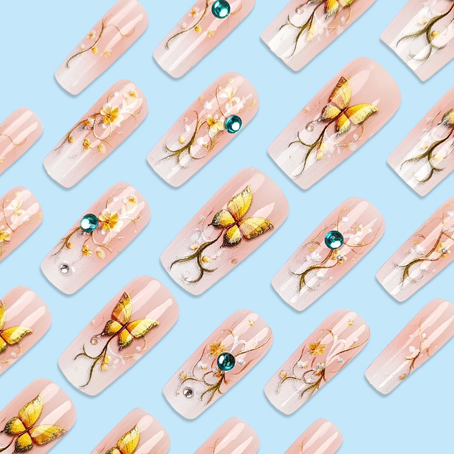 Uñas Postizas Brillantes KSTBJN Medianas Cuadradas 24 Piezas