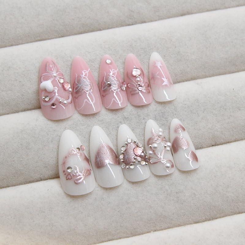 Uñas Postizas Cortas Almendras XMMXNBJ 30 Pcs Rosadas 3D
